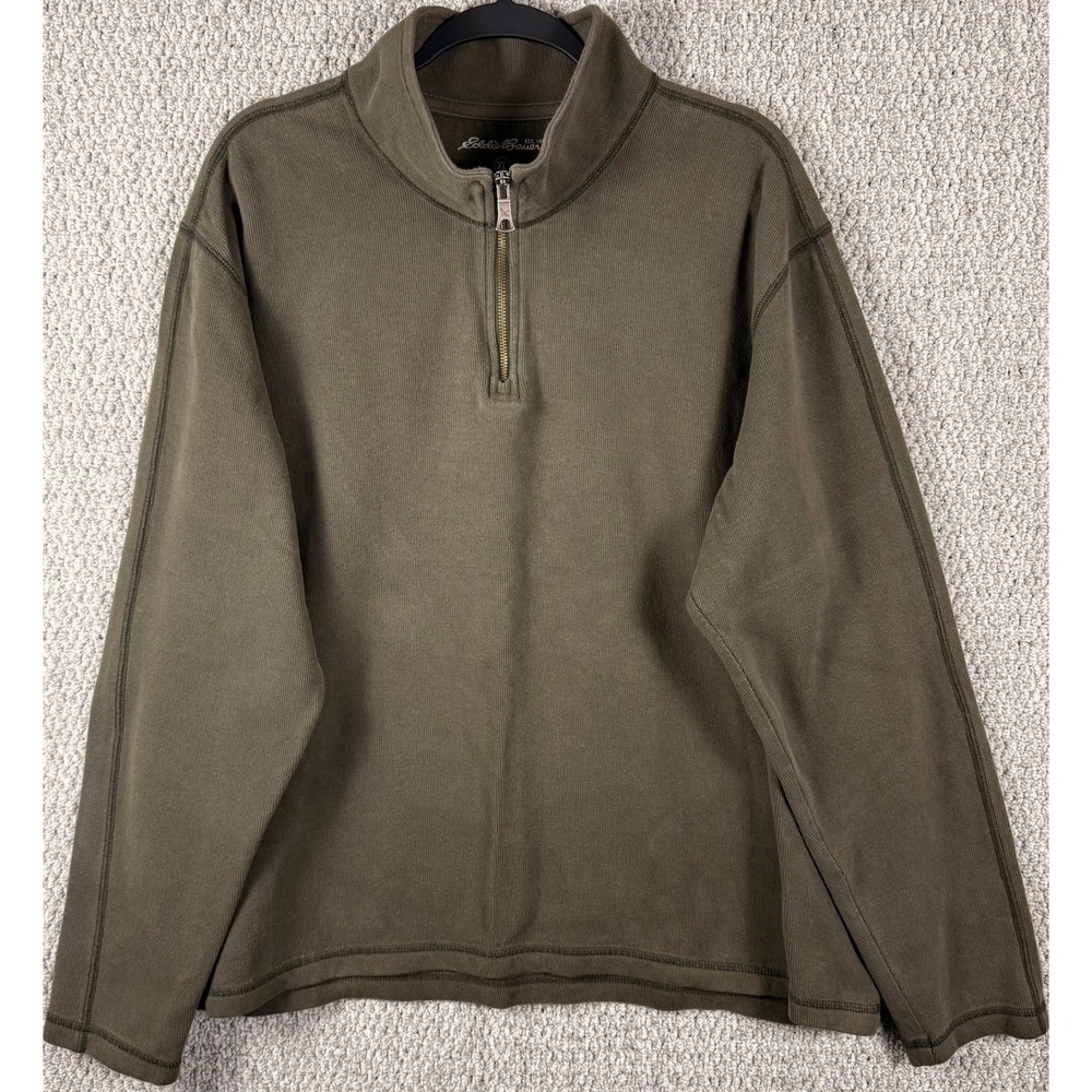 Eddie Bauer Quarter Zip Pullover Sweater XL Green Vintage Y2K Cotton Ribbed Knit